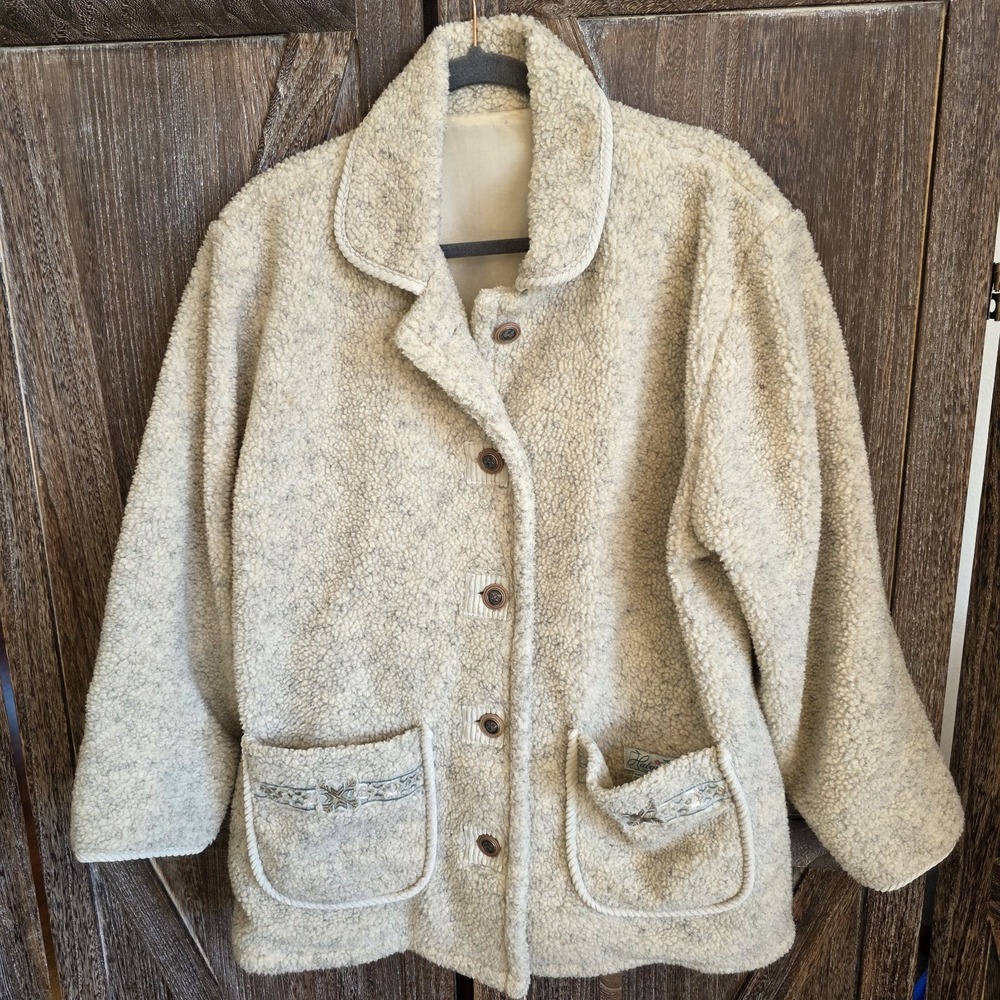 Haband! Coat Women's Size Medium‎ Ivory Fleece Button Up Grandmacore Vintage